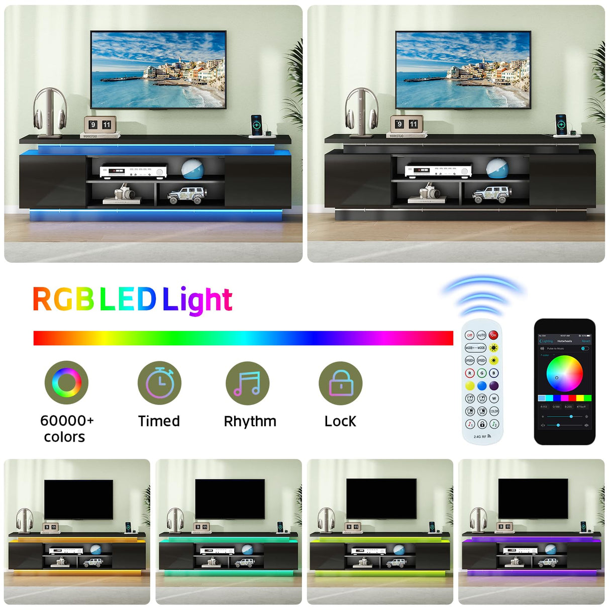 Lamtor 70 Inch TV-Stand - Television Stands for 75 80 85 Inch TV - 2 Tier Entertainment Center with 4 AC Outlets & 2 Smart RGB LED Light Strips - Media Console Table for Living Room, Pure Black Lamtor