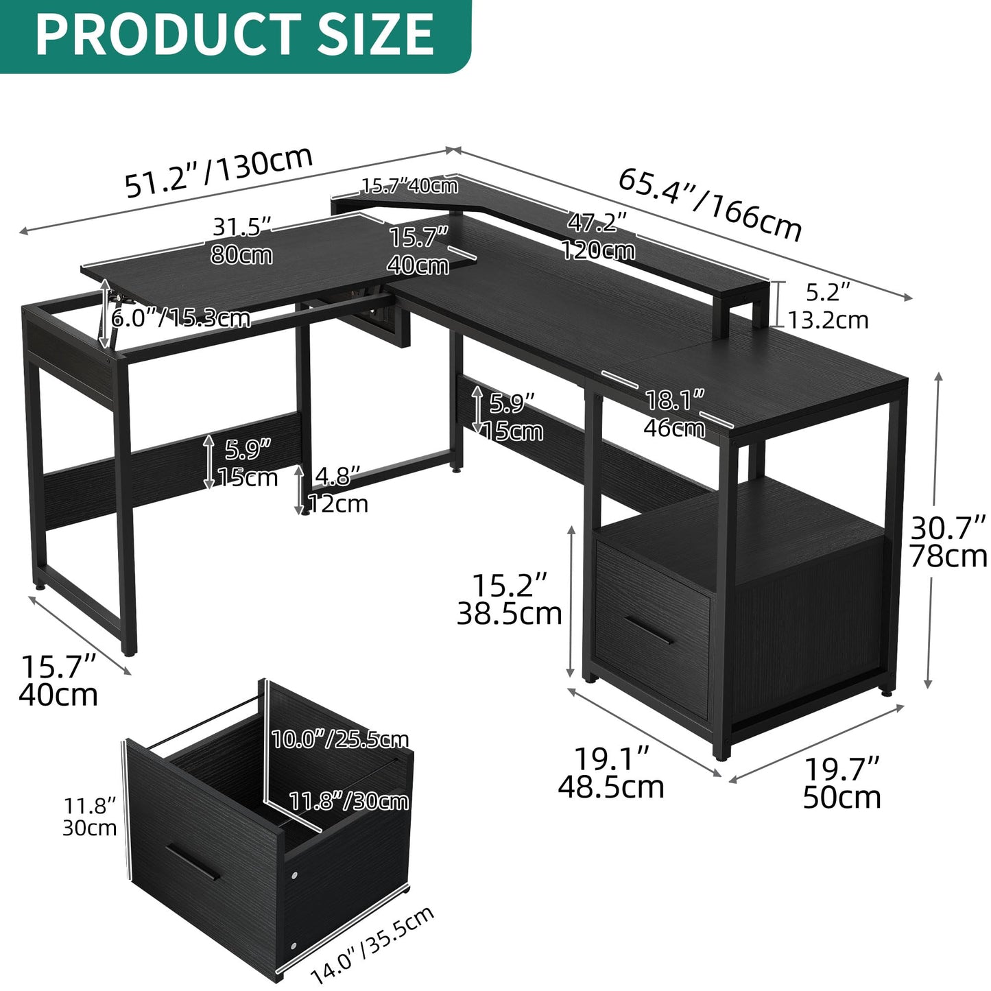 YITAHOME L Shaped Desk with Lift Top, 65" Adjustable Standing Desk with File Drawer, Corner Computer Desk with Storage Shelves,Home Office Desk, Black - WoodArtSupply