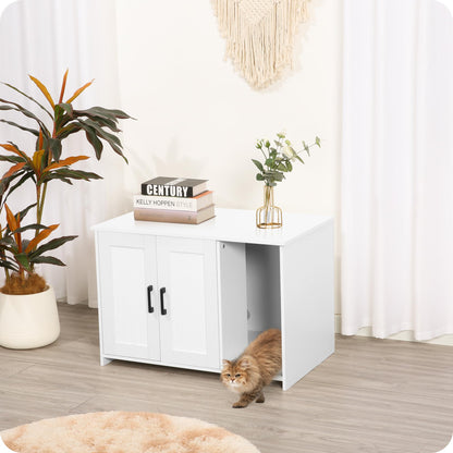 Dwanton Litter Box Enclosure, Cat Litter Box Furniture Hidden, with Scratching Mat, Wooden Cat Washroom Indoor, Fit Most of Litter Box, 31.5" L x 19.7" W x 21.7" H, White