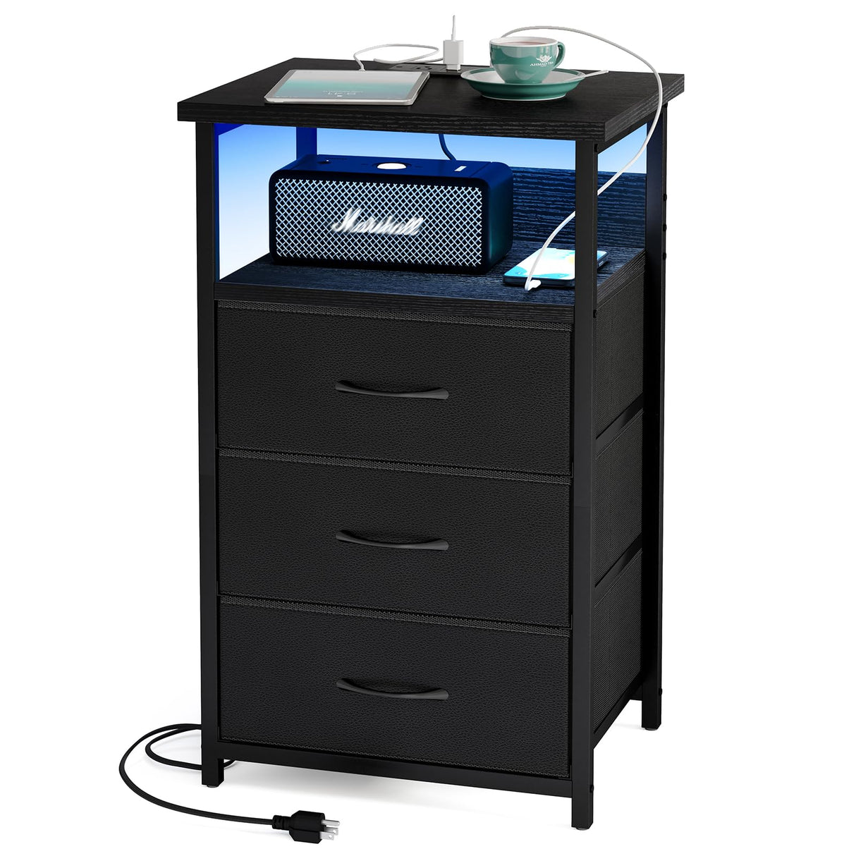 Fixwal Night Stand with Charging Station, LED Nightstand with USB Ports and Outlets, 3 Fabric Storage Drawers with PU Finish, Bed Side Table for Bedroom, Living Room, Black Fixwal