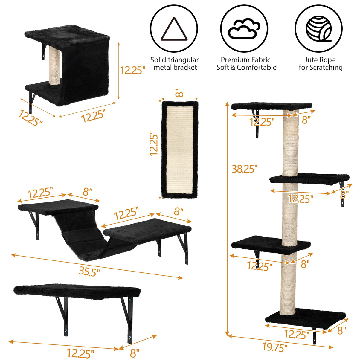 COZIWOW Wall Mounted Cat Furniture, Cat Wall Shelves and Perches, Floating Cat Shelves for Wall Set of 5 (Black) COZIWOW