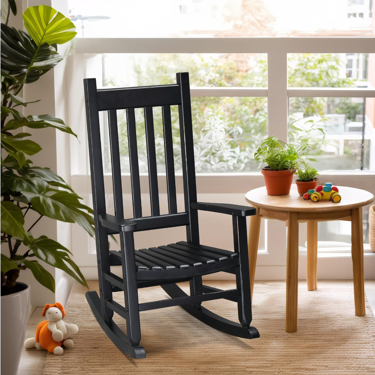 VINGLI Outdoor Child’s Rocking Chair, All Weather Wooden Rocking Chair with High Backrest, Patio Rocker for Garden, Yard, Balcony, Wooden Rocker for 3-9 Years Old, Black VINGLI