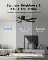 CubiCubi Ceiling Fan, 52" Low Profile Ceiling Fans with Lights and Remote/APP Control, Flush Mount, 5CCT, Stepless Dimmable, Super Quiet, 6 Speeds, Modern Ceiling Fans for Bedroom Living Room, Black CubiCubi