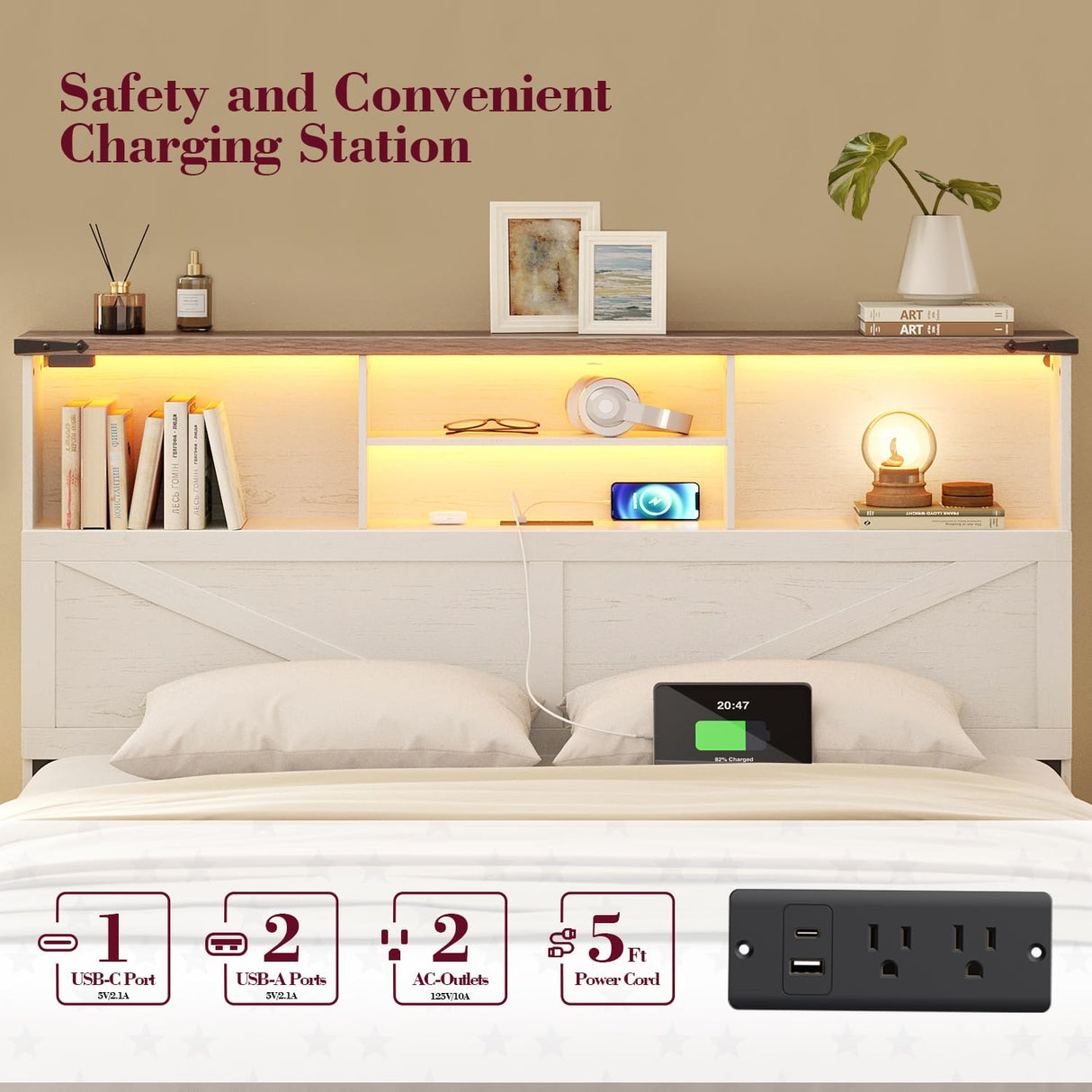 ROCHECASA King Size Bed Frame with Bookcase Storage and Drawers, Farmhouse Bed with High Headboard, Charging Station and LED Lights, No Box Spring Needed, Noise Free, Easy Assembly, Antique White ROCHECASA