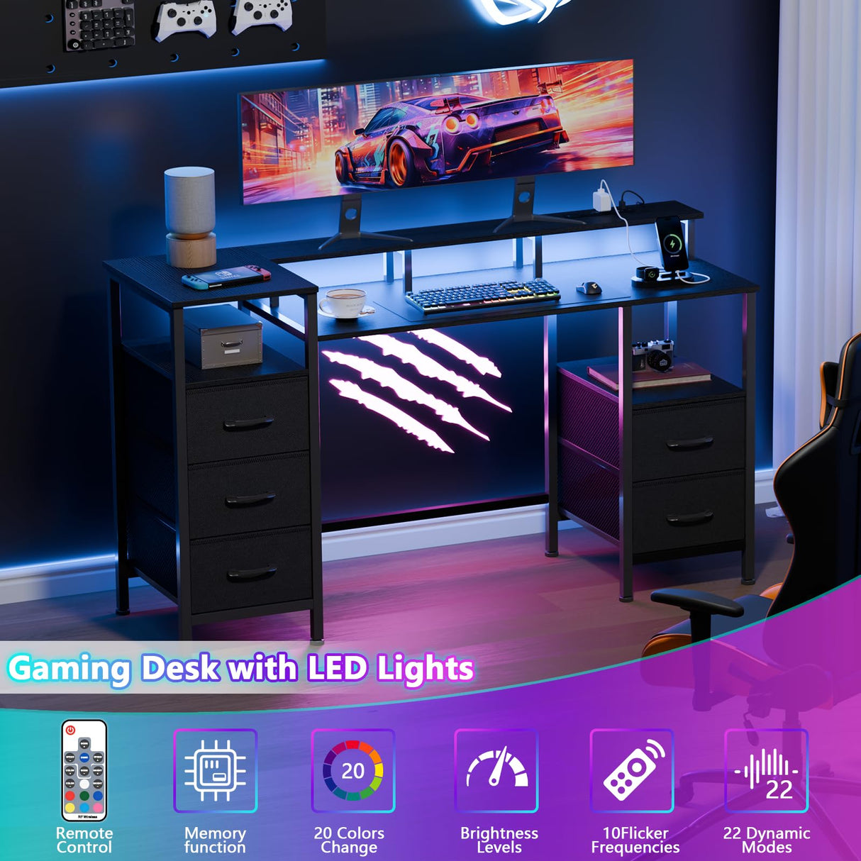 Korfile Computer Desk with Power Outlets & LED Lights, Gaming Desk with 5 Fabric Drawers for Bedroom, 47 Inch Home Office Desk with Monitor Stand & Storage Shelves for Working, Black Korfile