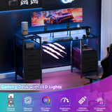 Korfile Computer Desk with Power Outlets & LED Lights, Gaming Desk with 5 Fabric Drawers for Bedroom, 47 Inch Home Office Desk with Monitor Stand & Storage Shelves for Working, Black Korfile