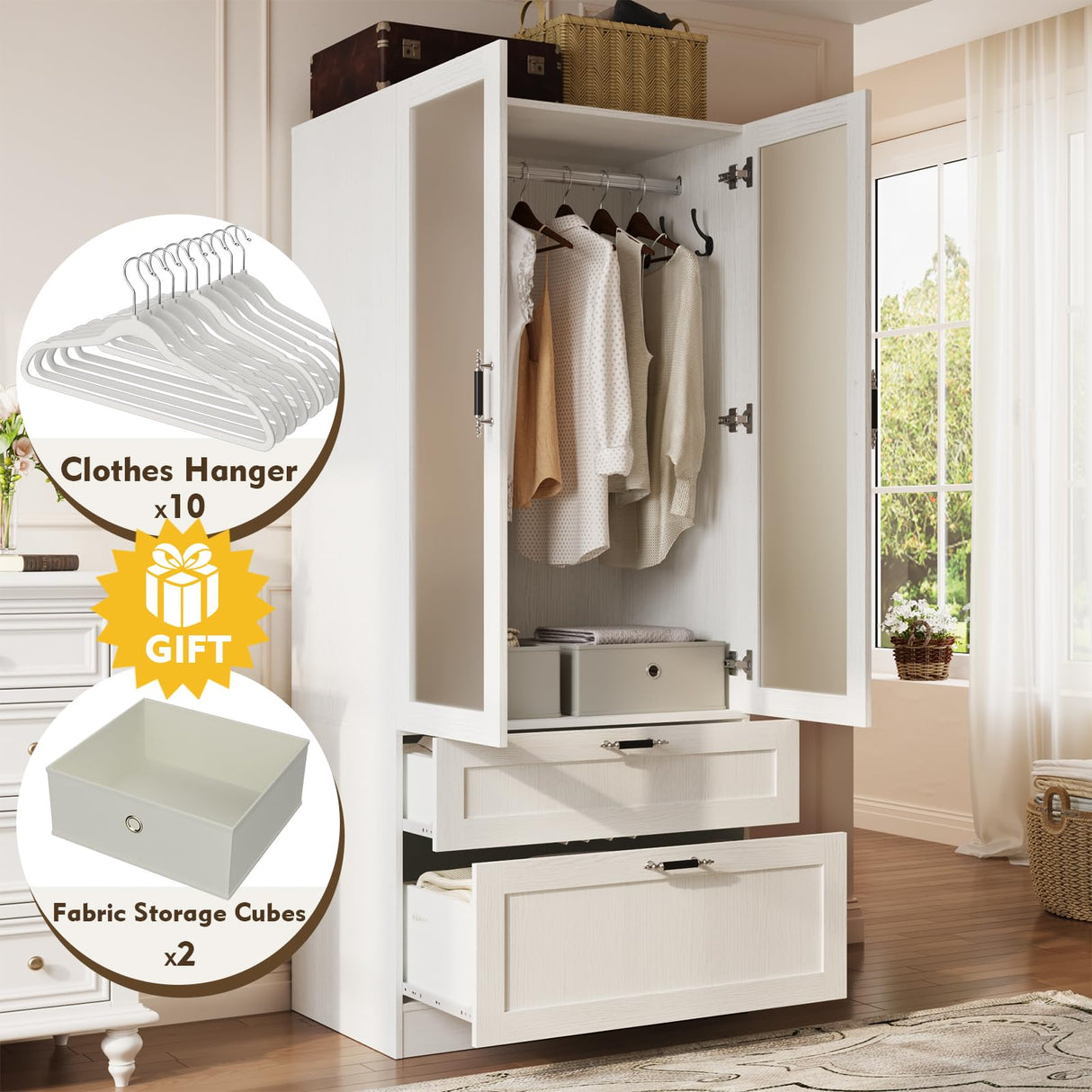 MEISSALIVVE 2 Door Wardrobe Cabinet with Hanging Rod & 2 Drawers, 70.9''H Armoire Wardrobe Closet with Frosted Glass, Wardrobe Clothes Storage Closet Cabinet for Bedroom, Wood Grain MEISSALIVVE