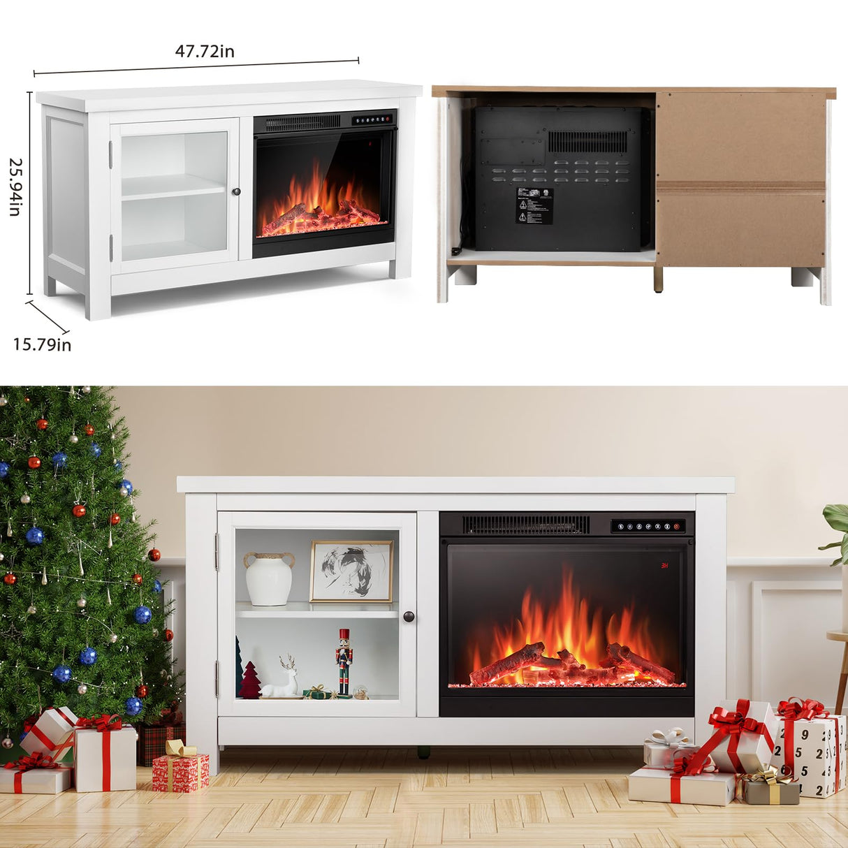 JAMFLY Electric Fireplace TV Stand Wood Mantel for TV Up to 48", Media Entertainment Center Fireplace Console Cabinet w/Storage Bin, Remote Control JAMFLY