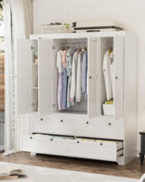 PLANNTONNEO Large White Wardrobe Closet with Drawers, Modular Closet System with Doors and Hanging Rods, Tall Large Armoire Ample Storage, Big Bedroom Armoires (4 Doors+4 Drawers) PLANNTONNEO