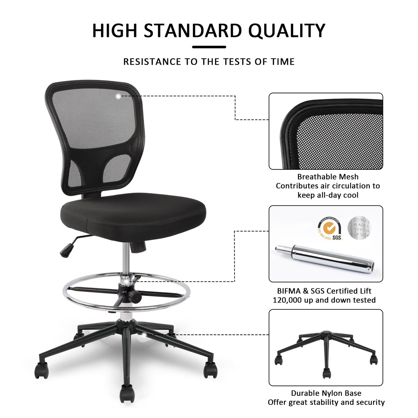 Armless Drafting Chair Tall Office Chair Adjustable Height High Back Ergonomic Desk Chair Drafting Stool Rolling Bar Stools Chairs with Footrest and Wheels