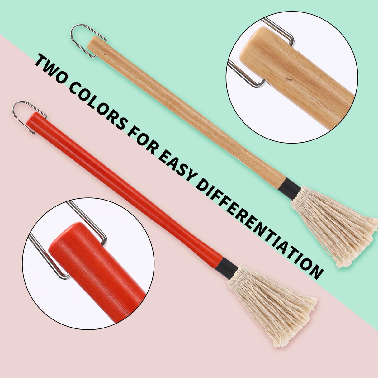 2 Pack 18 inch Grill Basting Mop with Wooden Long Handle and 2 Extra Replacement Brushes for BBQ Grilling Smoking Steak (Nature Wood & Brown) Theuzi