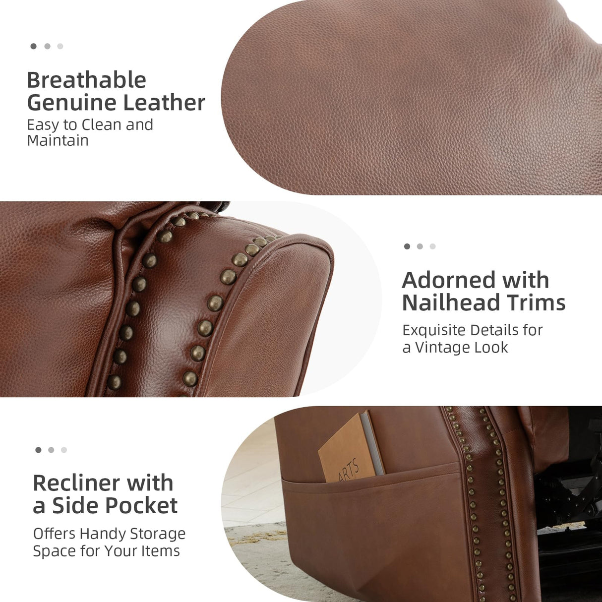 HULALA HOME Genuine Leather Recliner with One-Button Reset, Power Recliner with Electric Lumbar Support and Headrest, Traditional Swivel Rocker Recliner with USB Port and Storage Pocket, Brown HULALA HOME