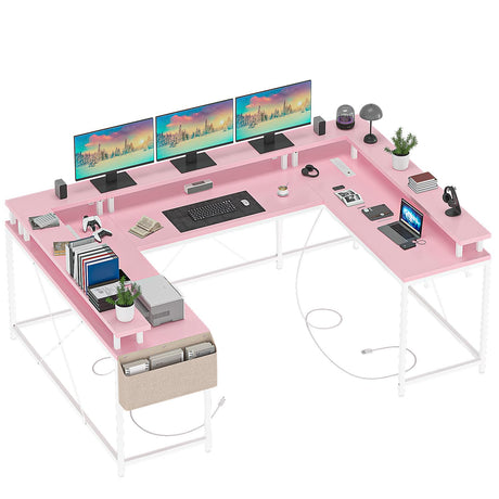 GAOMON U Shaped Desk, 126 Inch Gaming Desk with Monitor Stand and LED Lights, Reversible Shaped Large Computer Desk with Power Outlets, Office Desk with Storage Bag and Hooks, Pink GAOMON