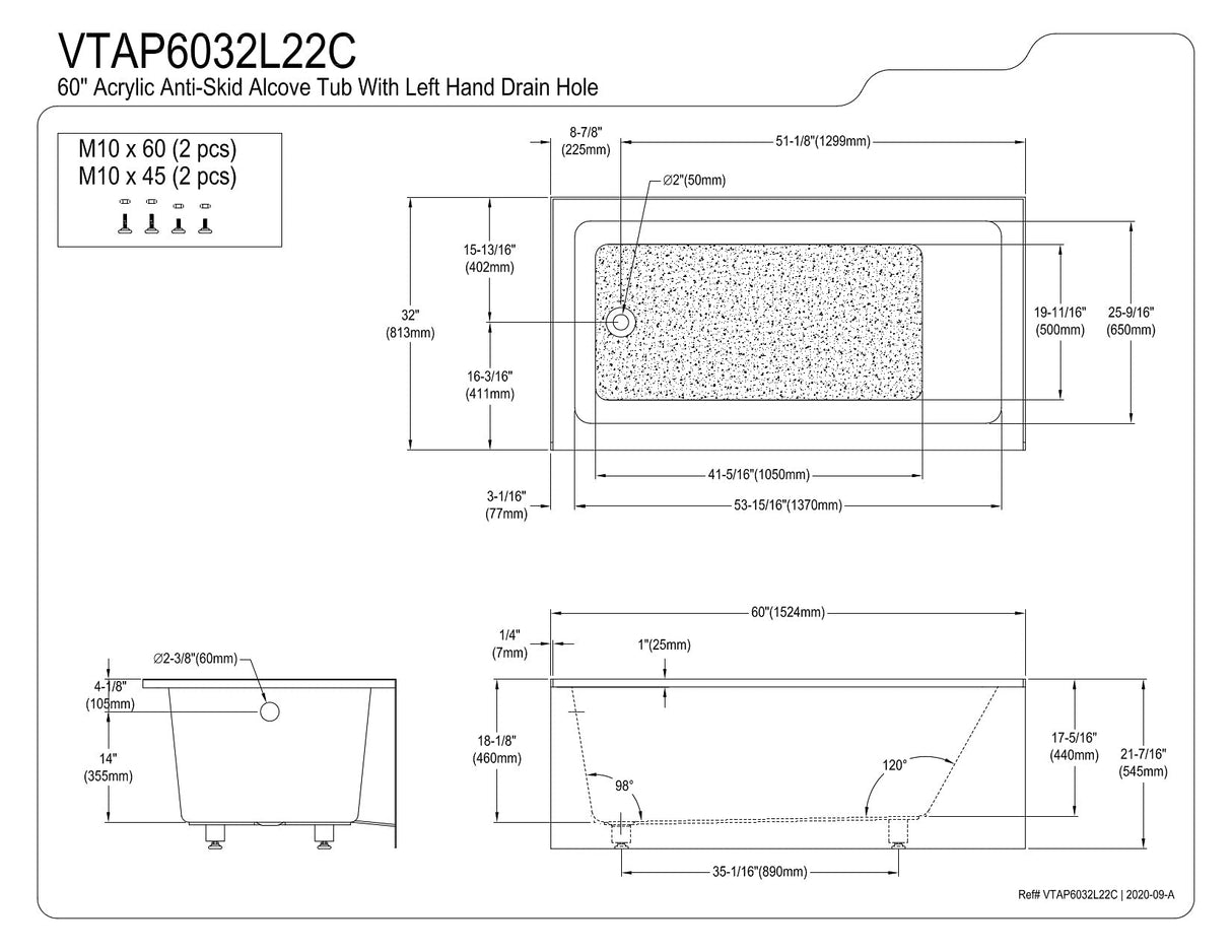 Aqua Eden VTAP6032L22C 60-Inch Anti-Skid Acrylic 3-Wall Alcove Tub with Left Hand Drain Hole, White Kingston Brass