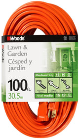 Woods Outdoor Extension Cord, 100 Ft 16 Gauge 3 Prong, Lawn & Garden, Orange, 0269 Woods