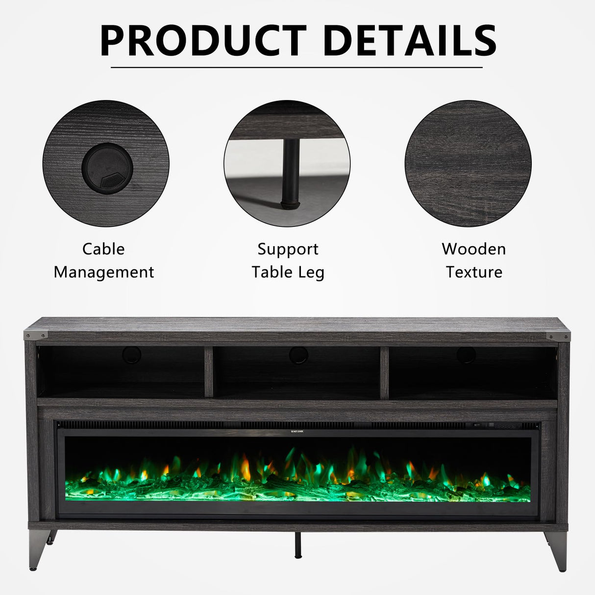 LUXOAK 65“ Fireplace TV Stand, Farmhouse Entertainment Center with 60" Tempered Glass Electric Fireplace, Industrial Media Console with Open Storage Space for TVs up to 75", Black LUXOAK