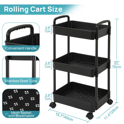 Vtopmart 3 Tier Rolling Cart with Wheels, Detachable Utility Storage Cart with Handle and Lockable Casters, Storage Basket Organizer Shelves, Easy Assemble for Bathroom, Kitchen, Black - WoodArtSupply