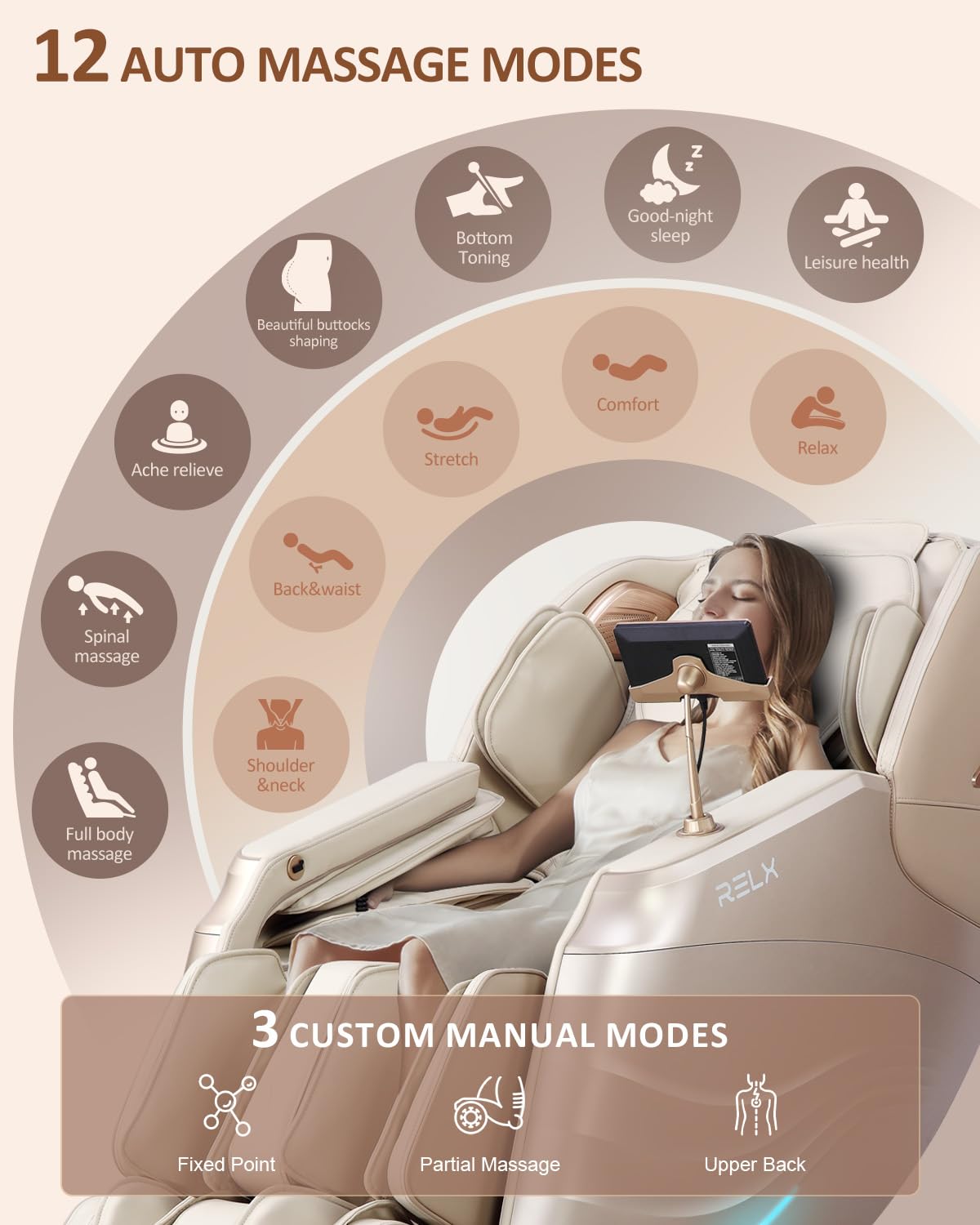 RELX 2025 Massage Chair Full Body, 15 Modes Zero Gravity SL-Track Shiatsu Massage Chair Built-in Heat System, Airbag Massage with Body Scan, Deep Yoga Stretch, Calfrest Extension and AI Control(Cream) RELX