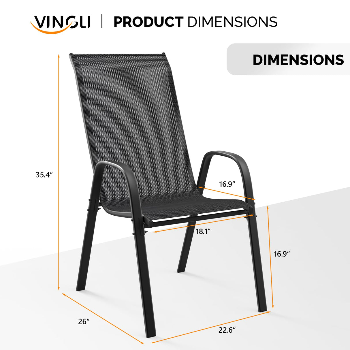 VINGLI Patio Chairs Set of 4 – Stackable Outdoor Dining Chairs with Comfortable Sling High Back Chairs and Armrests for Lawn, Poolside, Courtyard, Balcony, Garden, Black VINGLI
