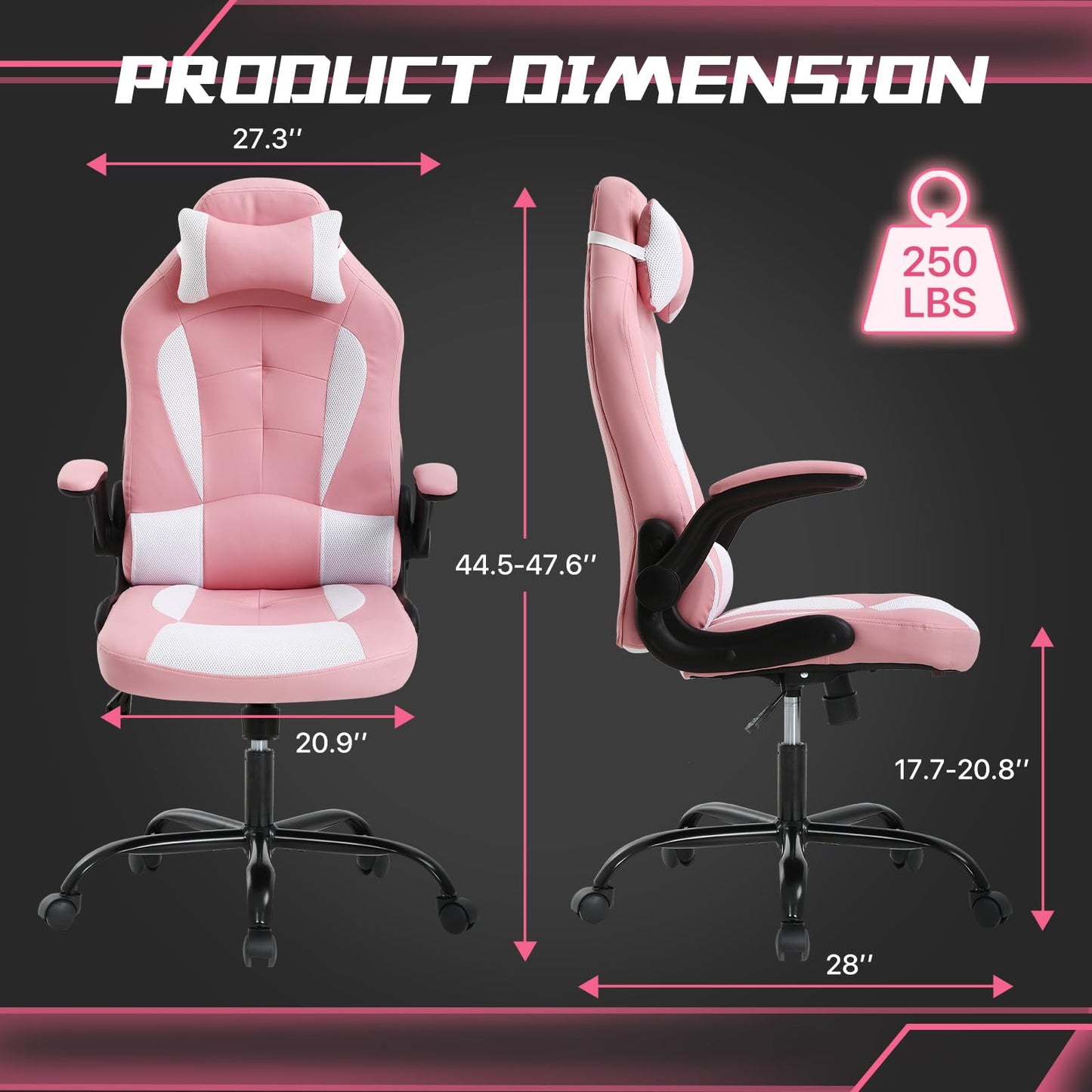 Gaming Chair for Adult, Kids Pink Office Desk Chair Ergonomic High Back Computer Chair with Lumbar Support Flip-up Arms Headrest PU Leather Swivel Task Chair for Girls