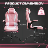 Gaming Chair for Adult, Kids Pink Office Desk Chair Ergonomic High Back Computer Chair with Lumbar Support Flip-up Arms Headrest PU Leather Swivel Task Chair for Girls Dkeli