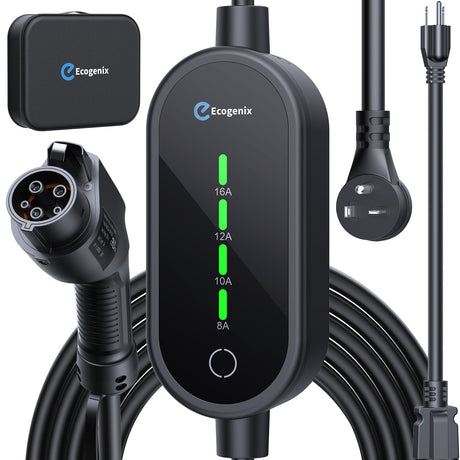 Level 1&2 EV Charger, 2025 Upgraded 16A Electric Car Mobile Charger | Adjustable Current | 110V-240V | NEMA 5-15 & NEMA 6-20 Plug | 21ft Cable | Home Portable Charger for All SAE J1772 EVs Ecogenix