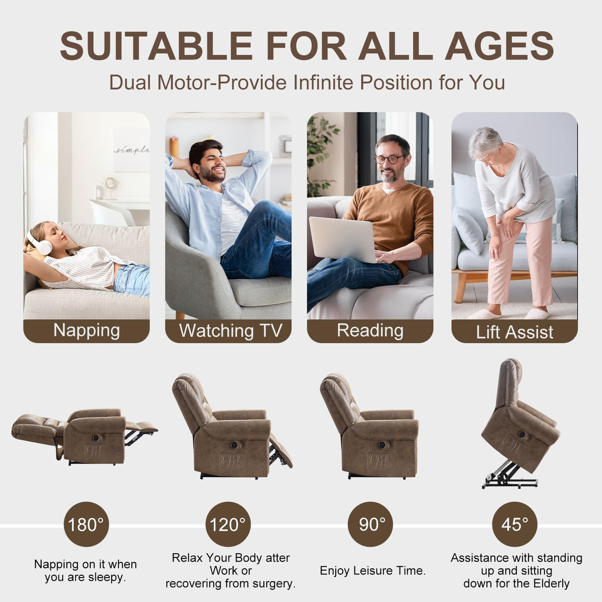 CDCASA Dual Motor Lay Flat Lift Chairs Recliners for Elderly w/Massage and Heat, Breathable Leather Infinite Position Large Sleeping Electric Power Lift Chair Recliner for Seniors, Matte Brown CDCASA