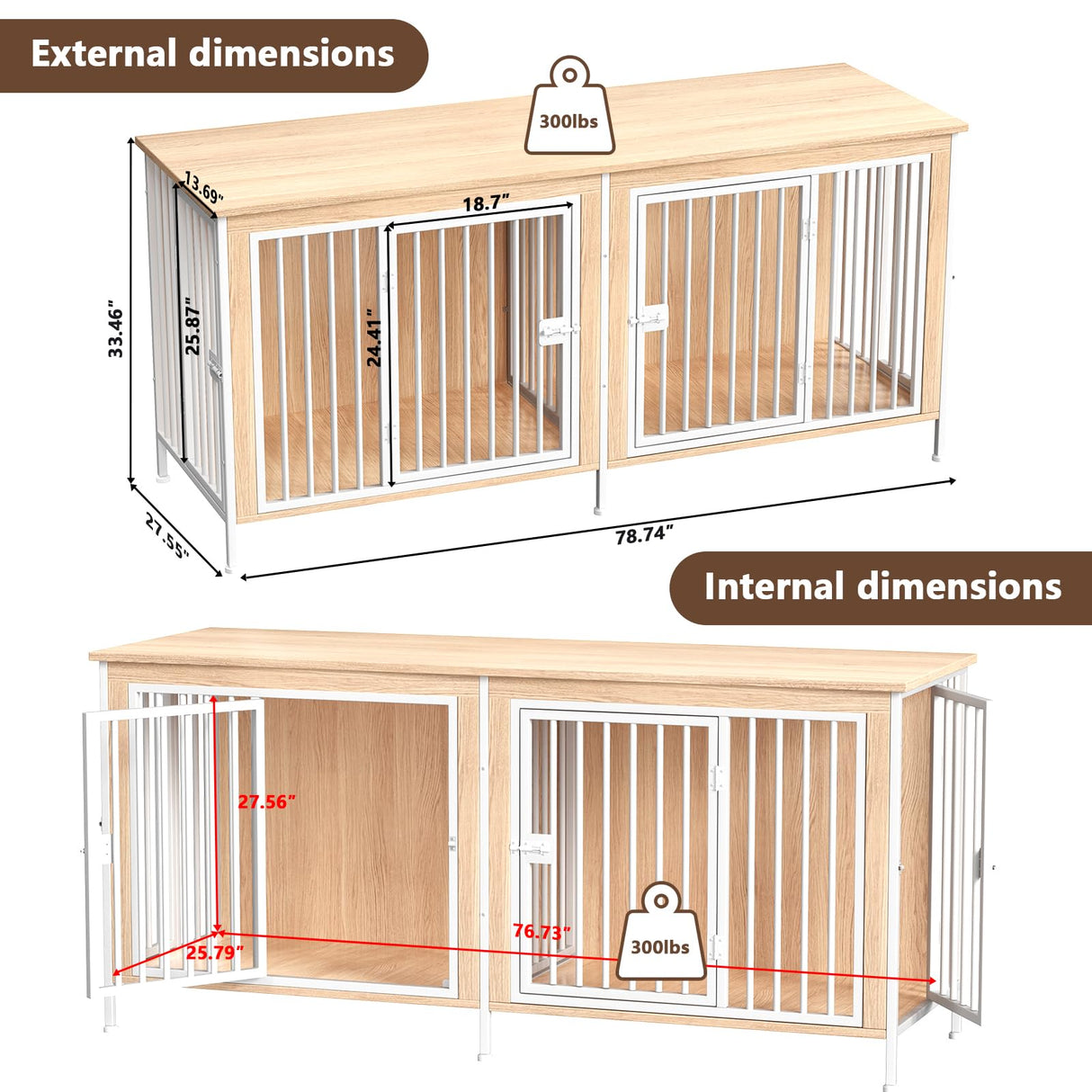 EasyCom 78" Dog Cage Furniture for 2 Dogs, Extra Large Double Dog Crate Furniture Large Breed, XXL Thick Wooden Dog Crate Furniture TV Stand, Sturdy Dog Kennel Furniture Dog Crate with Divider Beige EasyCom