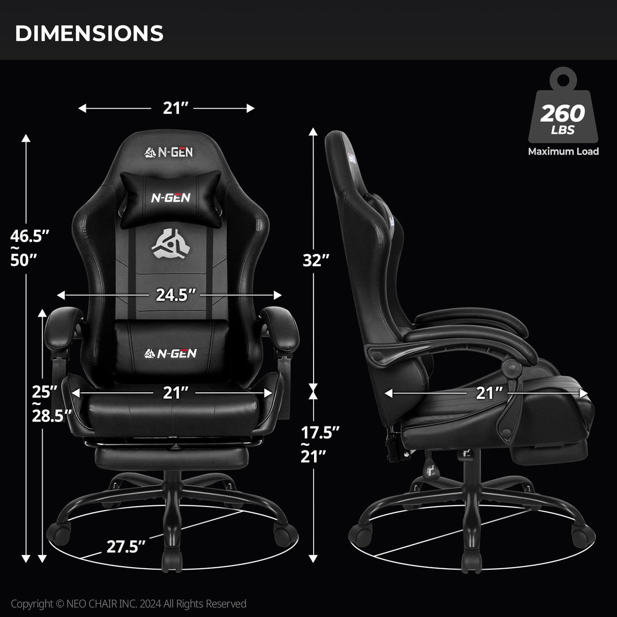 N-GEN Video Gaming Chair with Footrest High Back Ergonomic Comfortable Office Computer Desk with Lumbar Support Height Adjustable with PU Leather Recliner for Adults Women Men (Black) NEO CHAIR