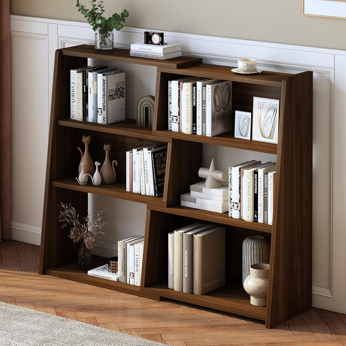 IOTXY Wooden Extendable Shelf Bookcase - 3-Tier Ladder Low Short Bookshelf for Small Space or Corner, Dark Walnut, S IOTXY