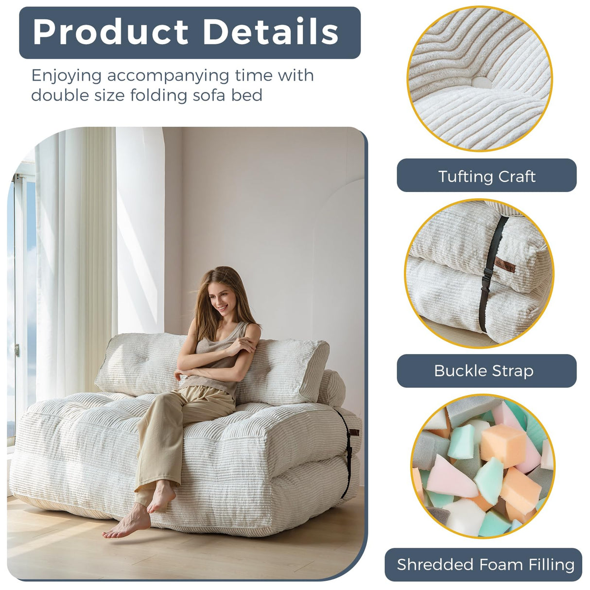 MAXYOYO Folding Sofa Bed, Convertible Sleeper Chair with Pilow Foldable Matress with Back Support, Portable Fold Out Chair Bed Comfy Floor Sofa Lounge for Living Room Bedroom, Beige, Double MAXYOYO