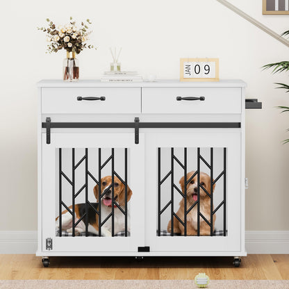 YITAHOME Dog Crate Furniture with Wheels, 39 inch Double Dog Kennel with Storage Drawers, Indoor Wooden Dog House Heavy Duty for 2 Small Medium Dogs, White