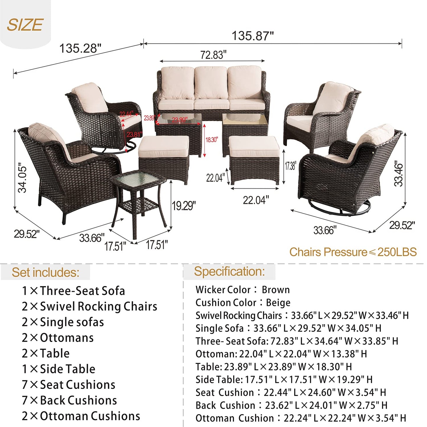 XIZZI Patio Furniture Set Wicker Patio Furniture 10 Pieces Outdoor Conversation Deck Sofa with High Back Swivel Rocking Chairs,Ottomans and Coffee Tables,Brown Wicker Beige Cushion - WoodArtSupply