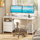 Furologee White Computer Desk with Drawer and Power Outlets, 47" Office Desk with 2 Monitor Stands and Fabric File Cabinet, Writing Gaming Table with Shelves and 2 Hooks for Home Office Furologee