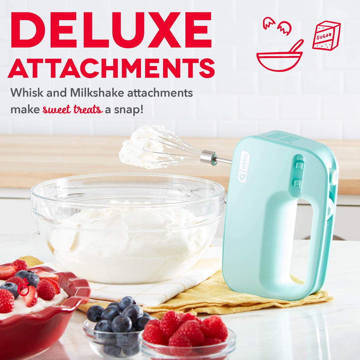 Dash SmartStore™ Deluxe Compact Electric Hand Mixer + Whisk and Milkshake Attachment for Whipping, Mixing Cookies, Brownies, Cakes, Dough, Batters, Meringues & More, 3 Speed, 150-Watt – Aqua DASH