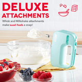 Dash SmartStore™ Deluxe Compact Electric Hand Mixer + Whisk and Milkshake Attachment for Whipping, Mixing Cookies, Brownies, Cakes, Dough, Batters, Meringues & More, 3 Speed, 150-Watt – Aqua DASH