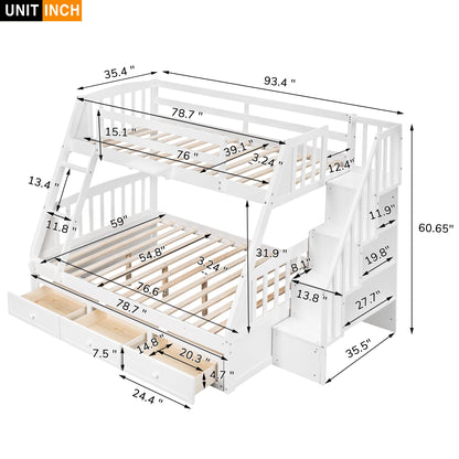 Twin-Over-Full Bunk Bed with Stairs and Storage by Harper & Bright Designs - Solid Wood Frame in White - WoodArtSupply