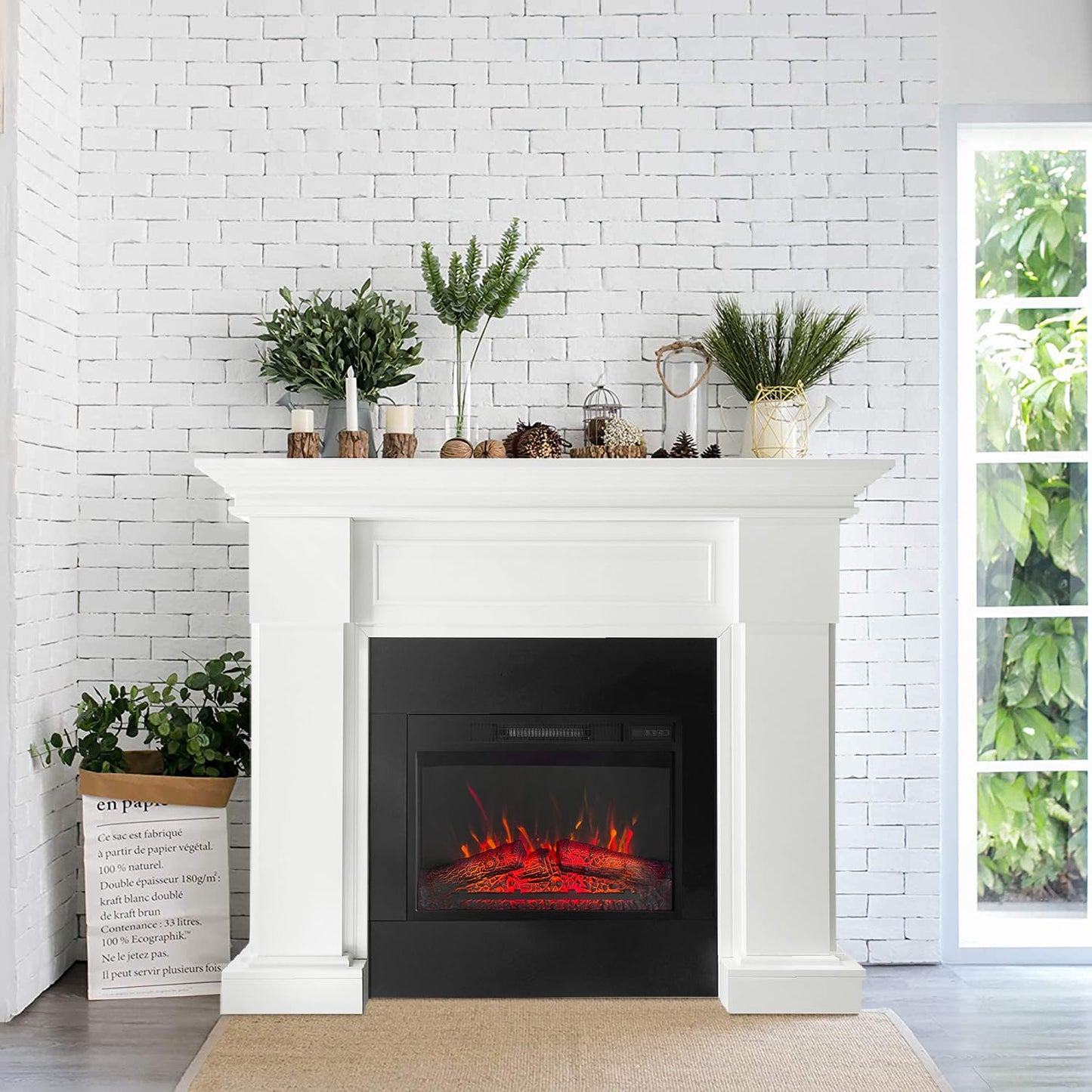 48" White Electric Fireplace with Mantel, Elegant Heater for Living Room or Bedroom, Complete with Remote Control and LED Flame Effects