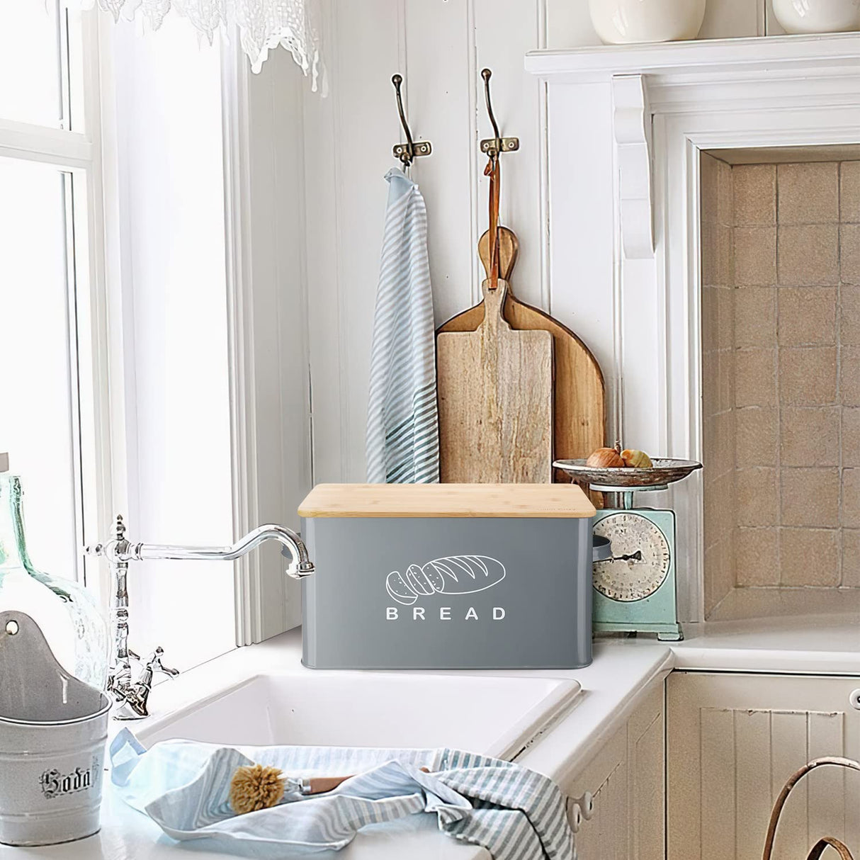 Bread Box, Bread Box for Kitchen Countertop, GA Homefavor Bread Bin, Bread Holder with Bamboo Lid, 11.56"6.7"5.5", Grey G.a HOMEFAVOR