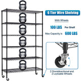 Dkelincs 6 Tier Wire Shelving Unit with Wheels 48" X 18" X 76" Metal Storage Shelves Height Adjustable NSF Heavy Duty Commercial Grade Garage Shelf Rack for Kitchen Basement Restaurant，Black Dkelincs