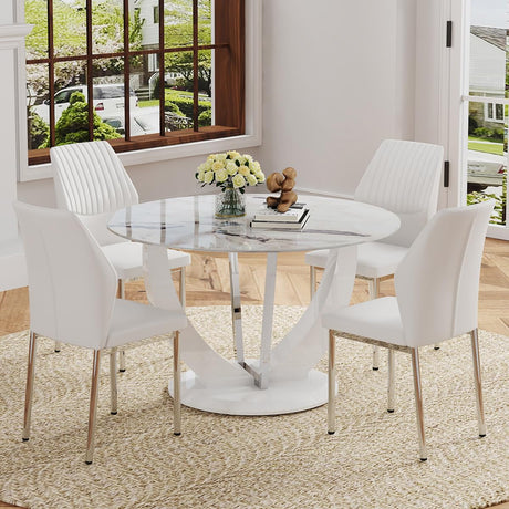 TesNus Round Dining Table Set for 4 with Chairs,Marble Top Pedestal Table and White Faux Leather Chairs, Modern Circular Kitchen Dining Table Set for Apartment, Modern Home,New House for 4 People TesNus