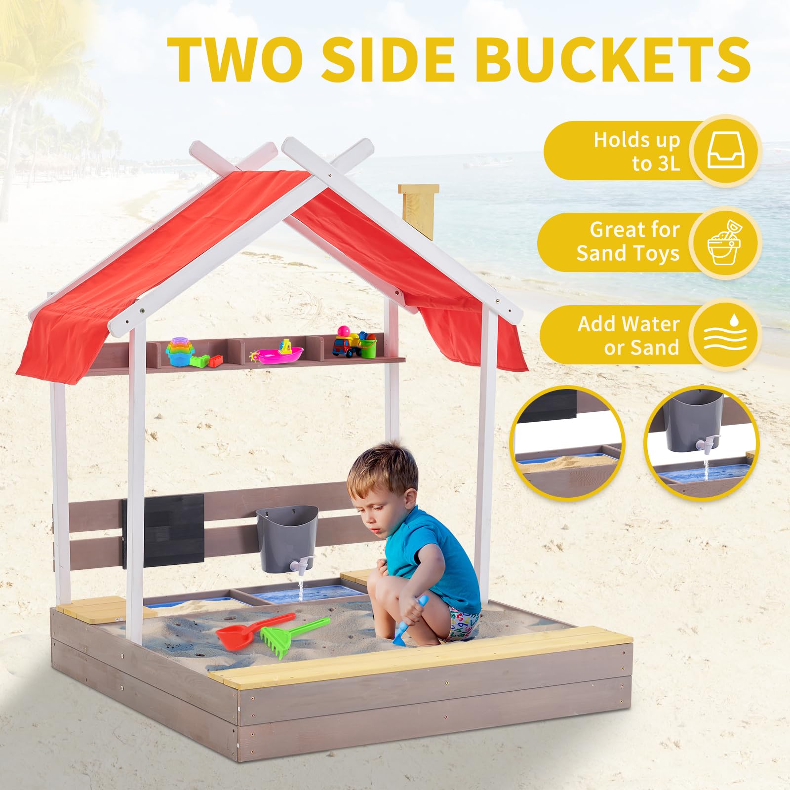 Kids Wooden Sandbox with Cover, 45'' Pipleo Outdoor Sand Box Play with Lid, Drawing Board, Sink, Shelf, Kids Sand Boxes for Backyard Garden Beach, Children Playset Sandpit (Natural Wood) - WoodArtSupply