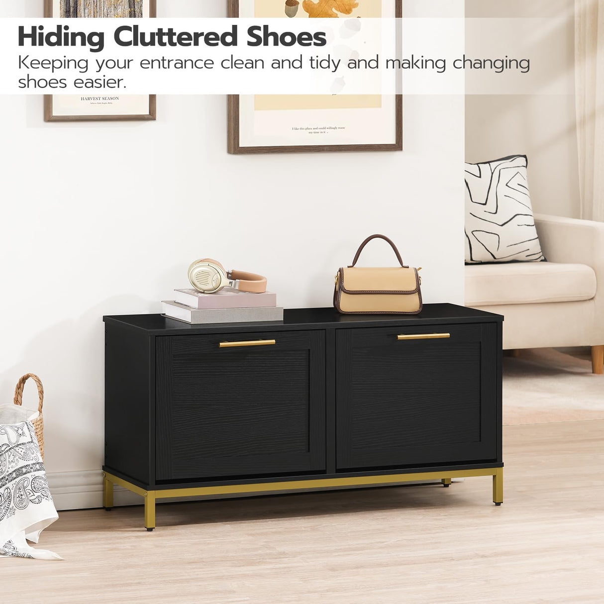 HOOBRO Shoe Bench with Storage, Shoe Storage Bench with 2 Flip Drawers, 39.4" Shoe Cabinet with Bench, Hidden Shoe Rack Organizer for Entryway, Foyer, Hallway, Mudroom, Black and Gold DB48HX01 HOOBRO