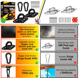 [Upgraded] 1700 lb Capacity 2PCS M10 Stainless Steel Pad Eye Hooks+2PCS 10MM Snap Hook + 8PCS Heavy Duty Screws for Hammock Hanging Kit, Swing Hanging, Wall/Ceiling Mount, Indoor & Outdoor PAMAZY