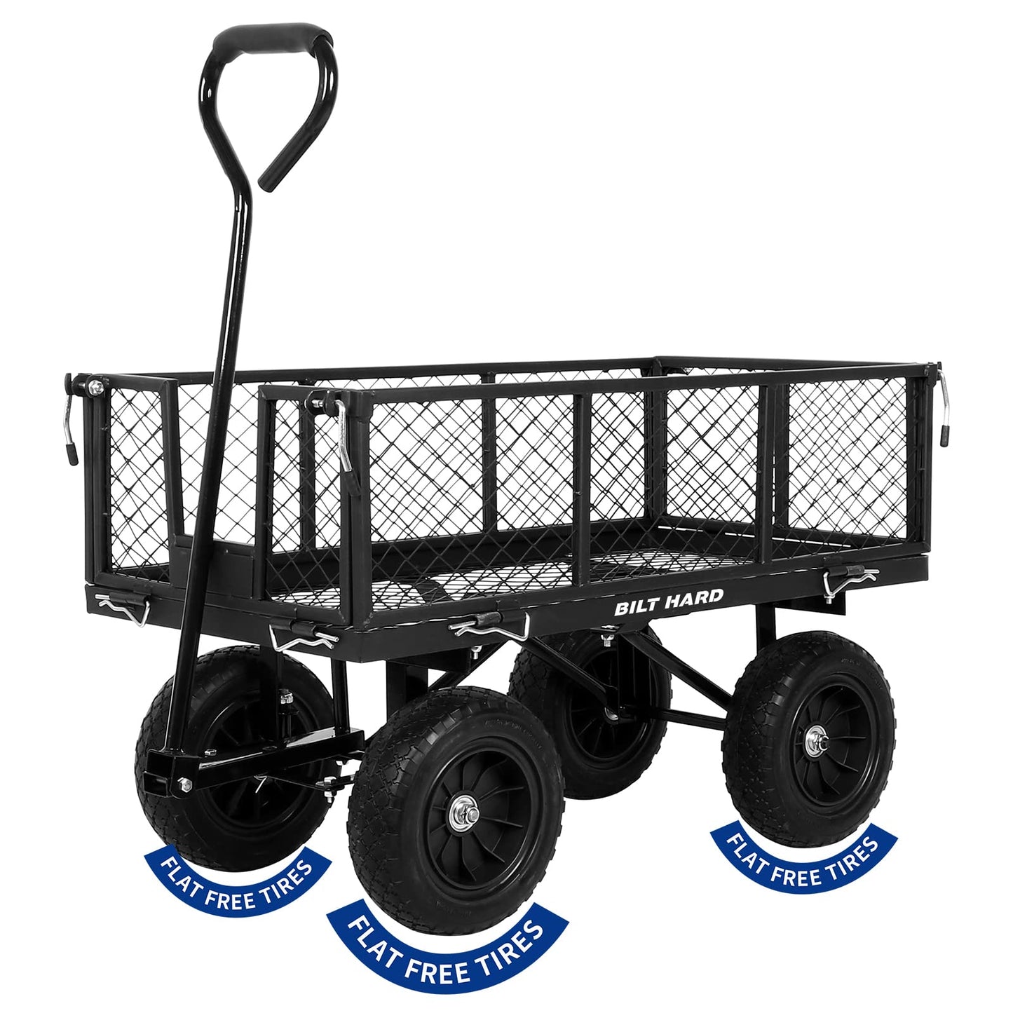 BILT HARD 400 lbs 10" Flat Free Tires Steel Garden Cart with 180° Rotating Handle and Removable Sides, 4 Cu.Ft Capacity Utility Heavy Duty Garden Carts and Wagons - WoodArtSupply