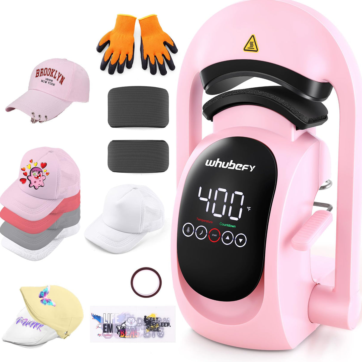 Whubefy Auto Hat Press Heat Machine for Caps, Hat Heat Transfer 3-in-1 Cap Heat Press with 3 Pcs Plates (70/80/90mm), Pink Touchscreen Hat Press Machine with 5 DTF, 1 Hat, for All Hat Shapes Whubefy