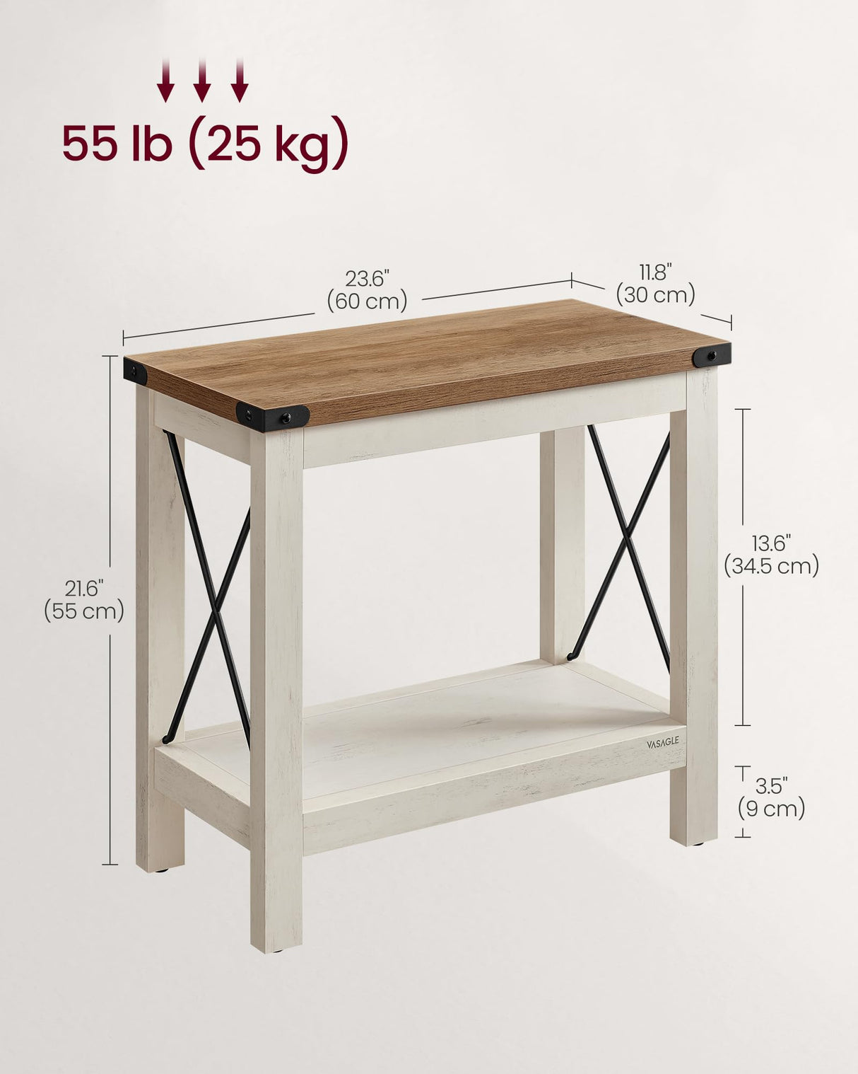 VASAGLE 2-Tier End Table, Side Table with Bottom Shelf, Nightstand for Small Spaces, for Living Room, Bedroom, Farmhouse Style, Rustic White and Honey Brown ULET235W01 VASAGLE