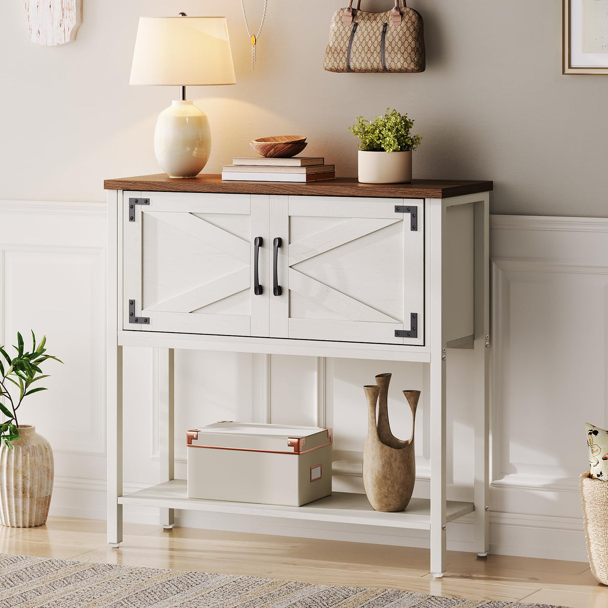 HOOBRO Entryway Table, 31.5'' Farmhouse Console Table with Storage, Sofa Table Behind Couch, for Entryway, Hallway, Foyer, White and Walnut WH85XG01 HOOBRO