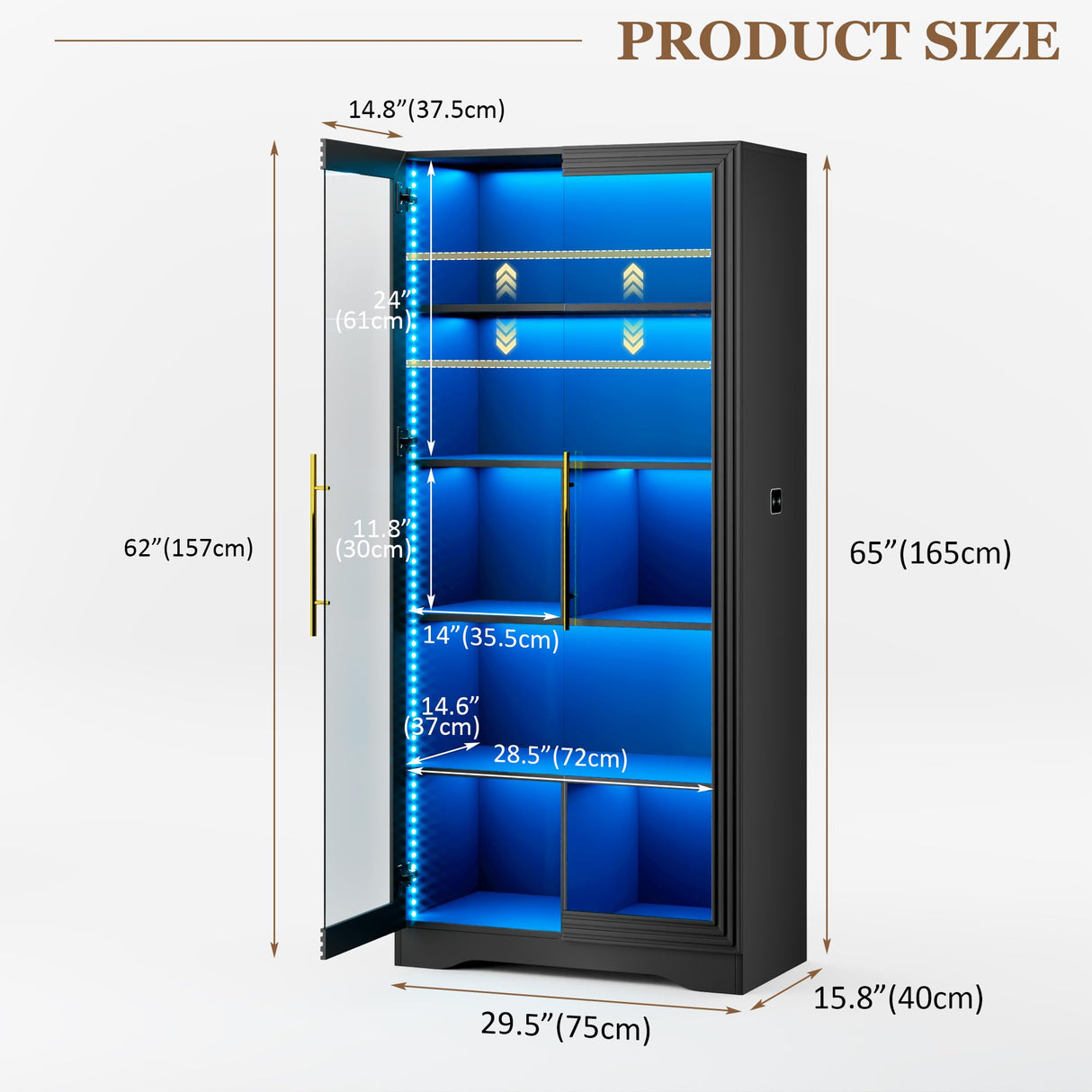LVSOMT Display Cabinet with Glass Doors, 65" Tall Bookcase with 3 LED Lights/Human Body Sensor, 5 Tier Display Cases for Collectibles, Adjustable Storage Shelves, Home Office, Living Room, Black LVSOMT