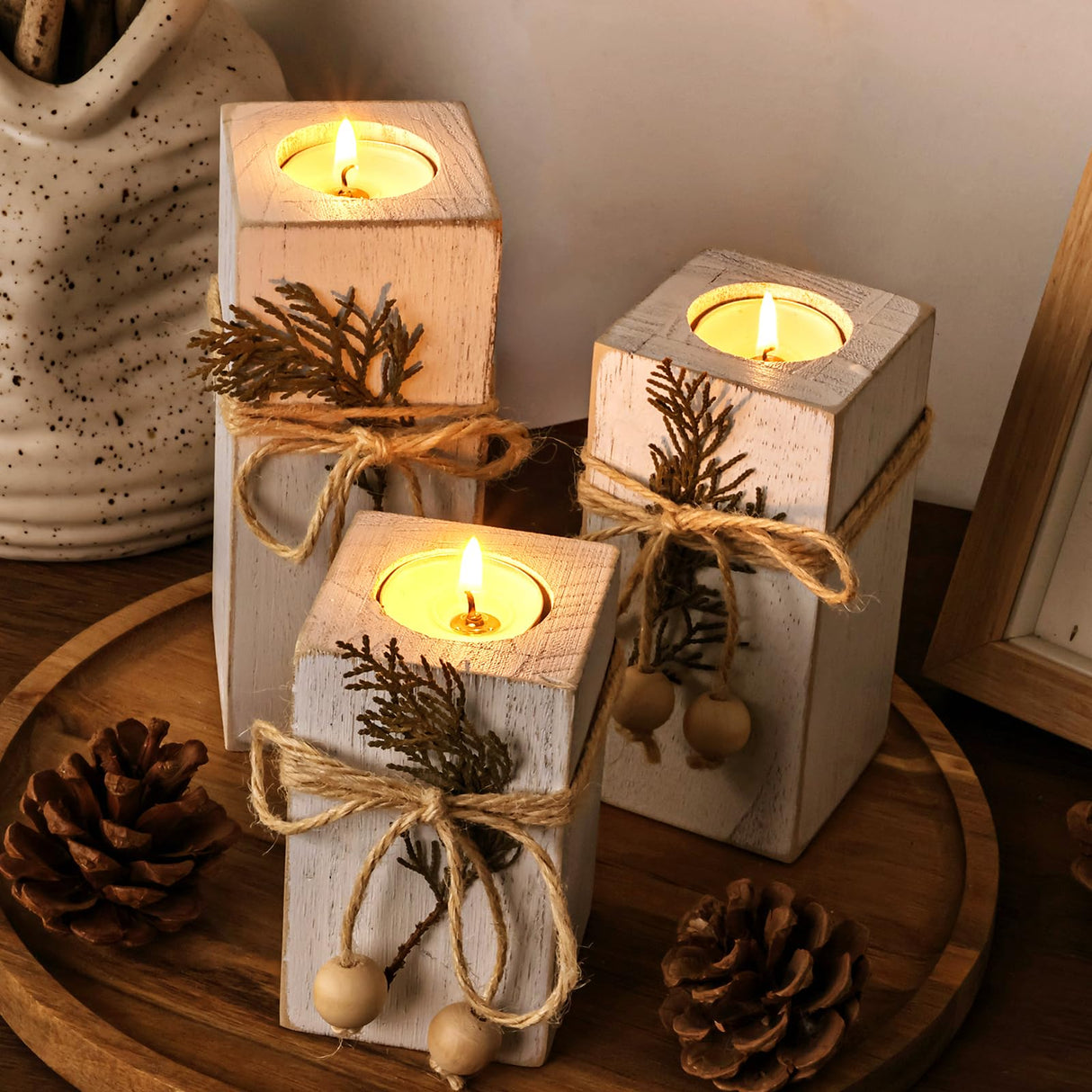 MelonBoat Rustic Flameless LED Candles 3-Pack, Battery Operated Candles with Wooden Candle Holders, White Rustic Farmhouse Decor, Farmhouse Candle Holder for Valentines Holiday Party Home Decor MelonBoat